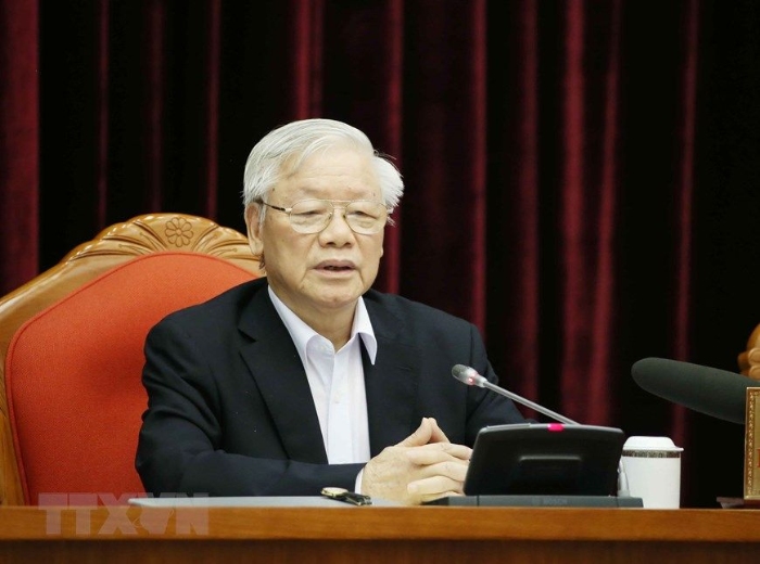 Tổng Bí thư, Chủ tịch nước Nguyễn Phú Trọng chủ trì Hội nghị cán bộ toàn quốc ngày 23-4-2020. Ảnh: TTXVN